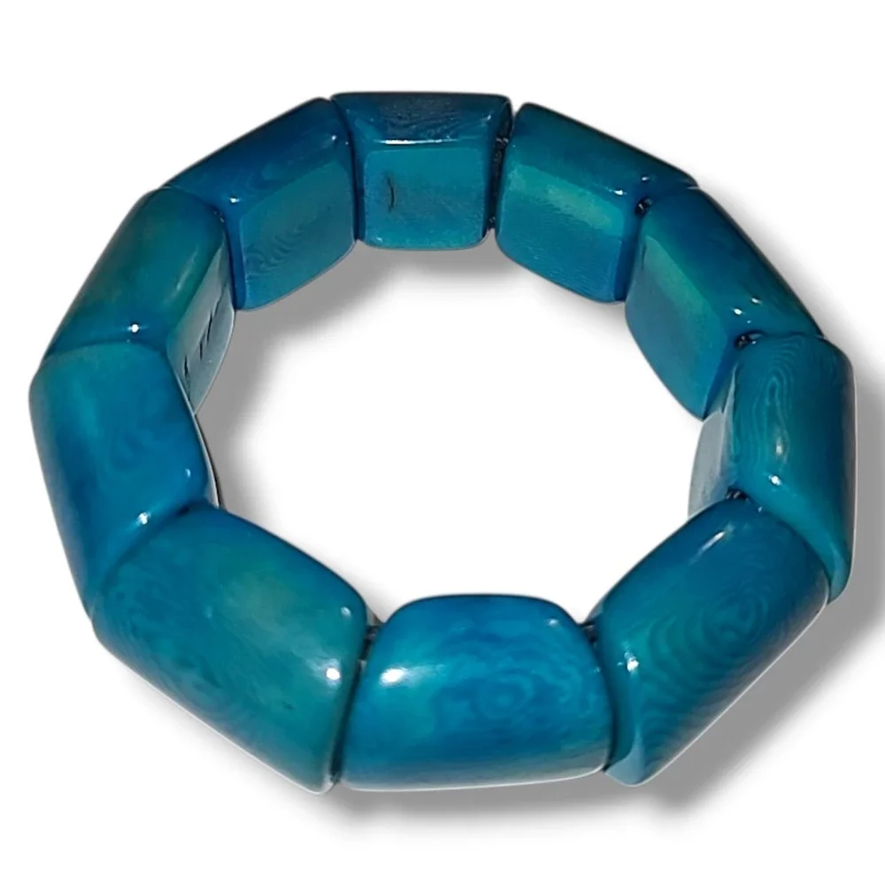 Vintage Tagua Blue Chunky Block Bead Stretch‎ Bracelet Statement Bold
